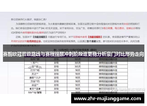 赛前欧冠晋级路线与赛程提醒冲刺阶段谁更稳分析豪门对比形势走向